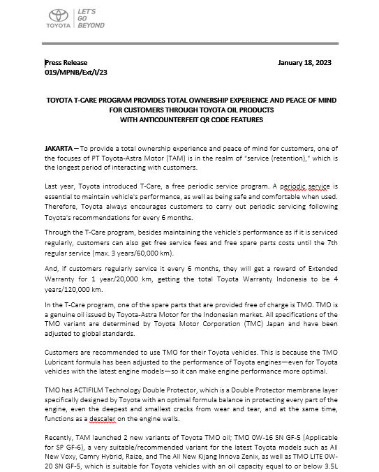 PROGRAM T-CARE TOYOTA HADIR UNTUK MEMBERIKAN TOTAL OWNERSHIP EXPERIENCE